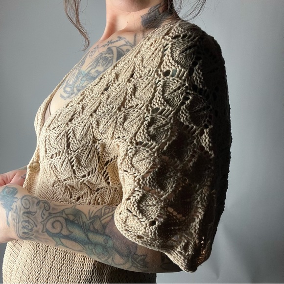 Y2K GAP Cotton Longline Short Sleeve Beige Crochet Cardigan Womens Small - Picture 5 of 8